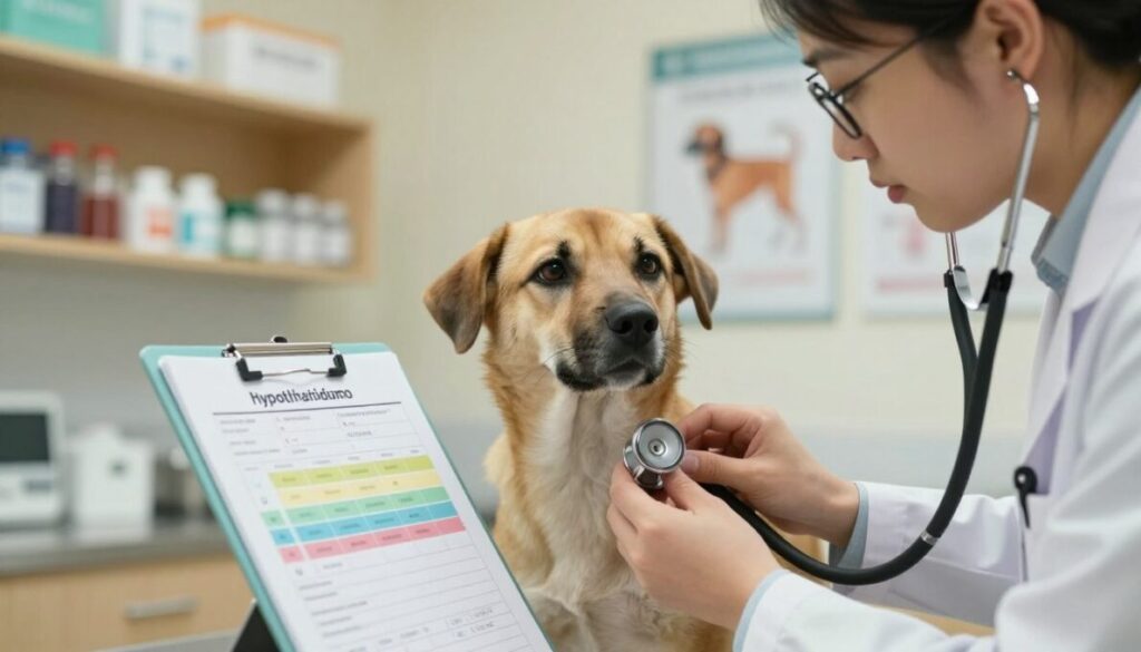 A close-up scene depicting a veterinarian examining a dog for differential diagnosis. In the foreground, a concerned vet in a white coat, wearing glasses, holds a stethoscope, attentively observing the dog. The dog, a medium-sized breed with a healthy coat, looks slightly anxious and attentive. In the middle ground, a clipboard with medical records and color-coded charts indicating various conditions related to hypothyroidism and weight gain. The background features a well-equipped veterinary clinic with shelves of medical supplies and informative posters on pet health. Soft, warm lighting illuminates the space, creating a professional yet compassionate atmosphere, emphasizing the importance of accurate diagnosis. The angle is slightly tilted to provide a dynamic view of the interaction. A close-up scene depicting a veterinarian examining a dog for differential diagnosis. In the foreground, a concerned vet in a white coat, wearing glasses, holds a stethoscope, attentively observing the dog. The dog, a medium-sized breed with a healthy coat, looks slightly anxious and attentive. In the middle ground, a clipboard with medical records and color-coded charts indicating various conditions related to hypothyroidism and weight gain. The background features a well-equipped veterinary clinic with shelves of medical supplies and informative posters on pet health. Soft, warm lighting illuminates the space, creating a professional yet compassionate atmosphere, emphasizing the importance of accurate diagnosis. The angle is slightly tilted to provide a dynamic view of the interaction.