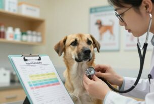 A close-up scene depicting a veterinarian examining a dog for differential diagnosis. In the foreground, a concerned vet in a white coat, wearing glasses, holds a stethoscope, attentively observing the dog. The dog, a medium-sized breed with a healthy coat, looks slightly anxious and attentive. In the middle ground, a clipboard with medical records and color-coded charts indicating various conditions related to hypothyroidism and weight gain. The background features a well-equipped veterinary clinic with shelves of medical supplies and informative posters on pet health. Soft, warm lighting illuminates the space, creating a professional yet compassionate atmosphere, emphasizing the importance of accurate diagnosis. The angle is slightly tilted to provide a dynamic view of the interaction.