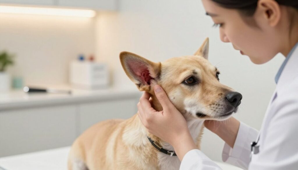A compassionate veterinarian examines a dog with visible symptoms of ear infection, focusing on the dog's ear and expression, conveying concern and care. The foreground features the veterinarian wearing a white coat, gently holding the dog's head to check the ear. The middle ground includes an examination table with veterinary tools, while the background displays a well-lit clinic environment with soft, warm lighting to create an inviting atmosphere. The image captures a moment of attentive evaluation, emphasizing the importance of recognizing and managing ear infections in dogs. The angle is slightly elevated to showcase both the veterinarian and the dog, making the scene relatable and informative.