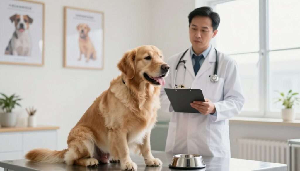 A concerned veterinarian examining a golden retriever with signs of diabetes. In the foreground, the dog sits calmly with a slightly distended abdomen, and excessive thirst is indicated by a water bowl nearby. The middle ground features the veterinarian, dressed in a white lab coat, holding a clipboard, looking thoughtfully at the dog. Behind them, a softly lit clinic environment with framed posters about pet health on the walls and a bright window allowing natural light to stream in, creating a warm and inviting atmosphere. The overall mood conveys professionalism and care, emphasizing the importance of recognizing clinical signs of diabetes in dogs. A concerned veterinarian examining a golden retriever with signs of diabetes. In the foreground, the dog sits calmly with a slightly distended abdomen, and excessive thirst is indicated by a water bowl nearby. The middle ground features the veterinarian, dressed in a white lab coat, holding a clipboard, looking thoughtfully at the dog. Behind them, a softly lit clinic environment with framed posters about pet health on the walls and a bright window allowing natural light to stream in, creating a warm and inviting atmosphere. The overall mood conveys professionalism and care, emphasizing the importance of recognizing clinical signs of diabetes in dogs.