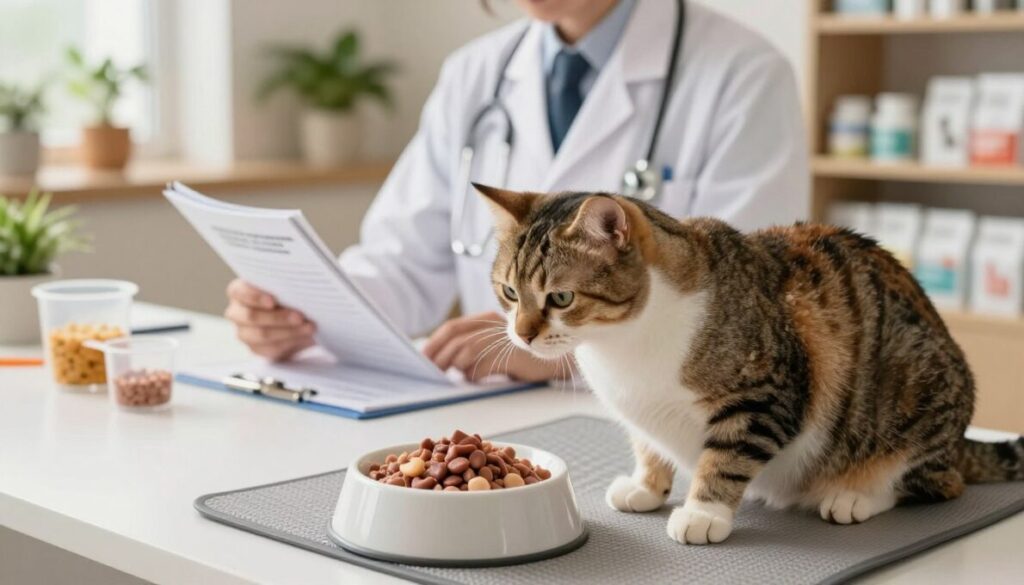 A cozy veterinary clinic interior, focusing on a well-groomed adult cat sitting on a specialized feeding mat. The foreground features the cat with a sleek coat, looking attentively at a bowl of nutritious, kidney-friendly food, such as wet food enriched with natural ingredients. In the middle ground, a veterinarian in a white coat prepares dietary suggestions, displaying an open nutrition guide and measuring cups on a table. The background showcases shelves filled with cat care products and plants that create a serene atmosphere. Soft, warm lighting floods the scene, highlighting the cat's vibrant fur while conveying a calm and caring environment. The angle is slightly elevated, providing a clear view of the cat and the vet’s interaction, evoking a feeling of hope and comfort for pet health care. A cozy veterinary clinic interior, focusing on a well-groomed adult cat sitting on a specialized feeding mat. The foreground features the cat with a sleek coat, looking attentively at a bowl of nutritious, kidney-friendly food, such as wet food enriched with natural ingredients. In the middle ground, a veterinarian in a white coat prepares dietary suggestions, displaying an open nutrition guide and measuring cups on a table. The background showcases shelves filled with cat care products and plants that create a serene atmosphere. Soft, warm lighting floods the scene, highlighting the cat's vibrant fur while conveying a calm and caring environment. The angle is slightly elevated, providing a clear view of the cat and the vet’s interaction, evoking a feeling of hope and comfort for pet health care.