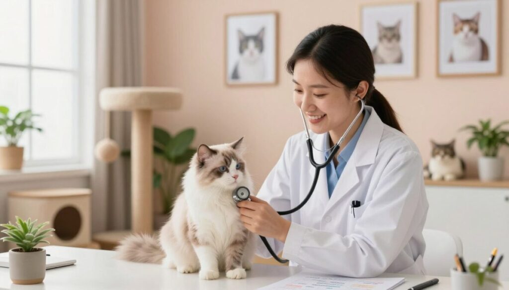 A cozy, well-lit veterinarian's office with a friendly atmosphere, featuring a veterinarian gently examining a fluffy domestic cat while explaining FIV treatment options. In the foreground, the vet is smiling and wearing a white lab coat, using a stethoscope, with a colorful chart about healthy lifestyles for cats visible on a desk. The middle ground shows a cat-friendly environment, with cat toys, a scratching post, and plants. In the background, calming pastel-colored walls and framed pictures of healthy cats create a soothing ambiance. Soft natural light filters through a window, enhancing the warm mood, emphasizing the care and love in feline healthcare. The focus is on the interaction between the vet and the cat, conveying a sense of hope and health. A cozy, well-lit veterinarian's office with a friendly atmosphere, featuring a veterinarian gently examining a fluffy domestic cat while explaining FIV treatment options. In the foreground, the vet is smiling and wearing a white lab coat, using a stethoscope, with a colorful chart about healthy lifestyles for cats visible on a desk. The middle ground shows a cat-friendly environment, with cat toys, a scratching post, and plants. In the background, calming pastel-colored walls and framed pictures of healthy cats create a soothing ambiance. Soft natural light filters through a window, enhancing the warm mood, emphasizing the care and love in feline healthcare. The focus is on the interaction between the vet and the cat, conveying a sense of hope and health.