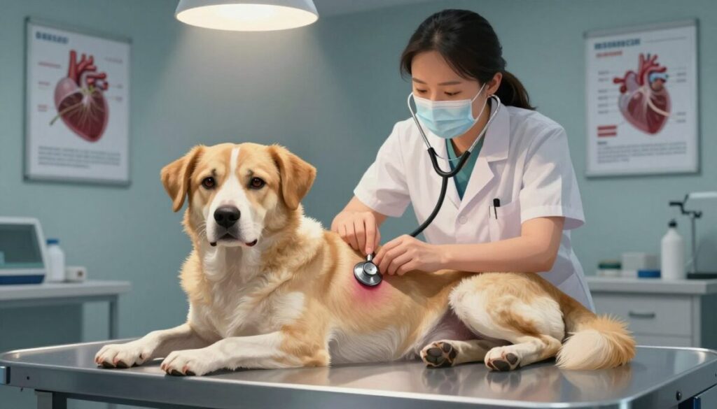 A detailed illustration depicting a dog lying on a veterinary examination table, with a focus on its heart area to indicate Dirofilariose infection. The foreground highlights the dog's anxious expression, showcasing signs of distress. In the middle, a veterinarian wearing professional attire is attentively examining the dog, holding a stethoscope, with an air of care and concern. The background features a dimly lit veterinary clinic, with medical posters about heartworm and prevention methods visible on the walls. Soft, overhead lighting casts gentle shadows, creating a somber yet educational atmosphere. The overall mood reflects the seriousness of the topic, emphasizing the complications associated with Dirofilariose in dogs.