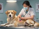 A detailed illustration depicting a dog lying on a veterinary examination table, with a focus on its heart area to indicate Dirofilariose infection. The foreground highlights the dog's anxious expression, showcasing signs of distress. In the middle, a veterinarian wearing professional attire is attentively examining the dog, holding a stethoscope, with an air of care and concern. The background features a dimly lit veterinary clinic, with medical posters about heartworm and prevention methods visible on the walls. Soft, overhead lighting casts gentle shadows, creating a somber yet educational atmosphere. The overall mood reflects the seriousness of the topic, emphasizing the complications associated with Dirofilariose in dogs.