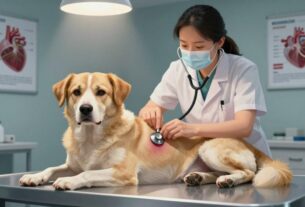 A detailed illustration depicting a dog lying on a veterinary examination table, with a focus on its heart area to indicate Dirofilariose infection. The foreground highlights the dog's anxious expression, showcasing signs of distress. In the middle, a veterinarian wearing professional attire is attentively examining the dog, holding a stethoscope, with an air of care and concern. The background features a dimly lit veterinary clinic, with medical posters about heartworm and prevention methods visible on the walls. Soft, overhead lighting casts gentle shadows, creating a somber yet educational atmosphere. The overall mood reflects the seriousness of the topic, emphasizing the complications associated with Dirofilariose in dogs.