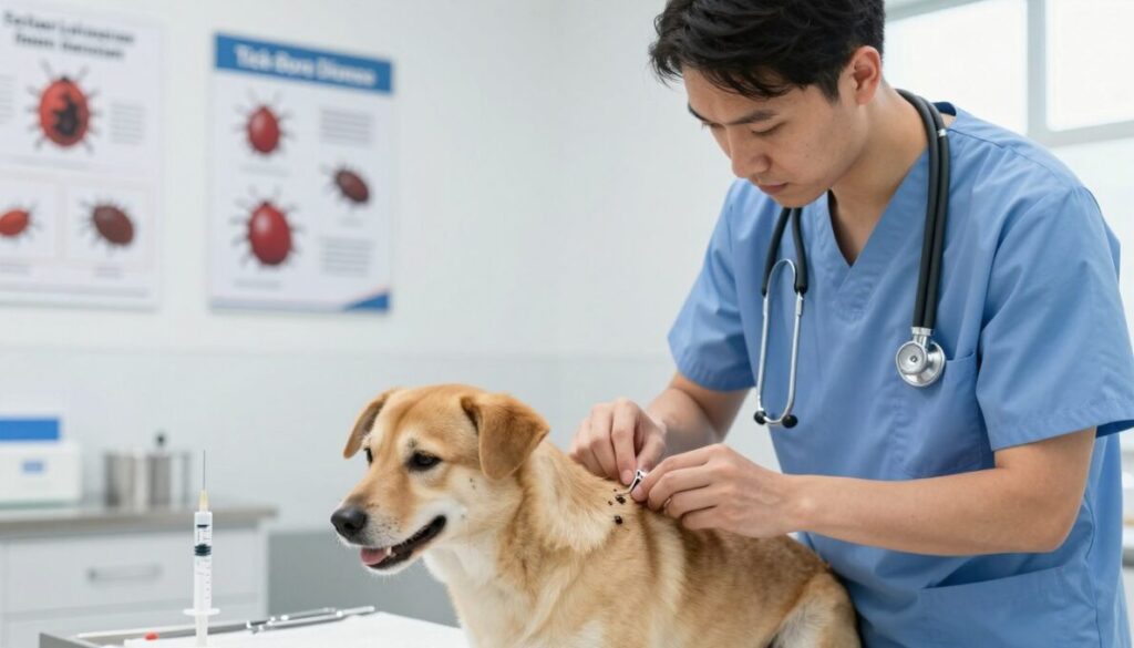 A detailed illustration of a veterinarian in a modern clinic providing treatment for Tick-Borne Disease to a healthy dog. In the foreground, the vet, dressed in professional scrubs with a stethoscope around their neck, gently examines the dog's fur for ticks. The middle ground showcases treatment tools, such as a syringe and tick removal instruments on a sterile table. In the background, bright and clean clinic walls with medical posters about tick-borne diseases. The lighting is soft and bright, creating a calm and reassuring atmosphere. The lens captures a close-up shot, emphasizing the interaction between the vet and the dog, evoking a sense of care and professionalism in the approach to treating the disease. A detailed illustration of a veterinarian in a modern clinic providing treatment for Tick-Borne Disease to a healthy dog. In the foreground, the vet, dressed in professional scrubs with a stethoscope around their neck, gently examines the dog's fur for ticks. The middle ground showcases treatment tools, such as a syringe and tick removal instruments on a sterile table. In the background, bright and clean clinic walls with medical posters about tick-borne diseases. The lighting is soft and bright, creating a calm and reassuring atmosphere. The lens captures a close-up shot, emphasizing the interaction between the vet and the dog, evoking a sense of care and professionalism in the approach to treating the disease.