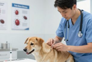 A detailed illustration of a veterinarian in a modern clinic providing treatment for Tick-Borne Disease to a healthy dog. In the foreground, the vet, dressed in professional scrubs with a stethoscope around their neck, gently examines the dog's fur for ticks. The middle ground showcases treatment tools, such as a syringe and tick removal instruments on a sterile table. In the background, bright and clean clinic walls with medical posters about tick-borne diseases. The lighting is soft and bright, creating a calm and reassuring atmosphere. The lens captures a close-up shot, emphasizing the interaction between the vet and the dog, evoking a sense of care and professionalism in the approach to treating the disease.