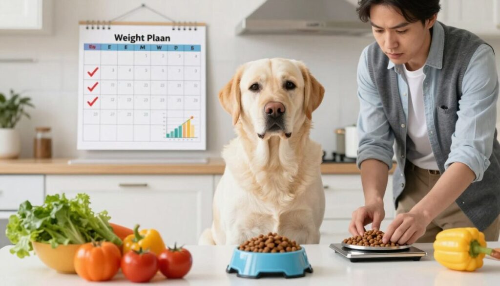 A healthy dog sitting in a well-lit kitchen, surrounded by colorful bowls of fresh vegetables and measured portions of dog food, emphasizing proper diet management. In the foreground, focus on the dog, a medium-sized Labrador retriever, looking content and alert, while a concerned pet owner, dressed in smart casual attire, is weighing dog food on a kitchen scale. In the middle ground, a visually appealing calendar or chart illustrating a weight management plan hangs on the wall, with checkmarks and graphs showing progress towards a healthier weight. The background features a tidy kitchen setting with bright lighting creating a warm and positive atmosphere, reflecting commitment to responsible pet care and healthy living for dogs. A healthy dog sitting in a well-lit kitchen, surrounded by colorful bowls of fresh vegetables and measured portions of dog food, emphasizing proper diet management. In the foreground, focus on the dog, a medium-sized Labrador retriever, looking content and alert, while a concerned pet owner, dressed in smart casual attire, is weighing dog food on a kitchen scale. In the middle ground, a visually appealing calendar or chart illustrating a weight management plan hangs on the wall, with checkmarks and graphs showing progress towards a healthier weight. The background features a tidy kitchen setting with bright lighting creating a warm and positive atmosphere, reflecting commitment to responsible pet care and healthy living for dogs.