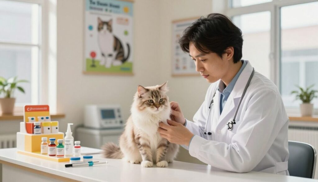 A serene indoor veterinary setting focused on cat care, showcasing a gentle veterinarian administering a vaccination to a fluffy, healthy cat. The foreground features the vet, dressed in a professional white coat, concentrating on the task with a calm demeanor. The middle ground includes a colorful display of vaccines and medical instruments neatly arranged on the countertop, symbolizing the importance of preventative care. In the background, the walls are adorned with educational posters about feline health, softly illuminated by warm, natural light streaming through a window. The atmosphere is professional yet welcoming, conveying hope and safety in feline healthcare. A serene indoor veterinary setting focused on cat care, showcasing a gentle veterinarian administering a vaccination to a fluffy, healthy cat. The foreground features the vet, dressed in a professional white coat, concentrating on the task with a calm demeanor. The middle ground includes a colorful display of vaccines and medical instruments neatly arranged on the countertop, symbolizing the importance of preventative care. In the background, the walls are adorned with educational posters about feline health, softly illuminated by warm, natural light streaming through a window. The atmosphere is professional yet welcoming, conveying hope and safety in feline healthcare.