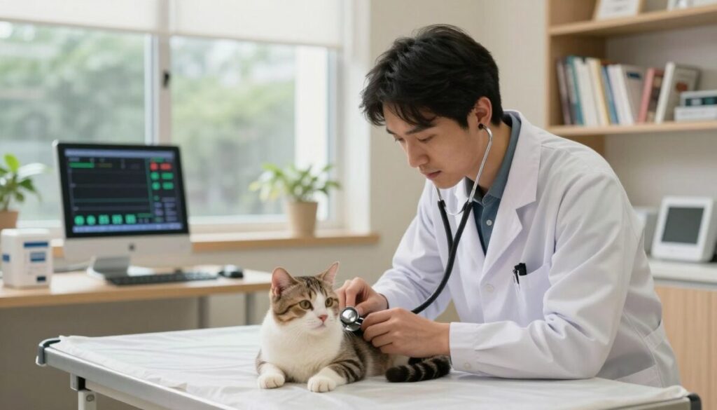 A serene veterinary clinic interior focusing on a gentle cat receiving care for kidney disease. In the foreground, a concerned yet compassionate veterinarian examines the cat, using a stethoscope, while the cat looks relaxed on a soft examination table. The middle ground displays a few medical instruments and a digital monitor showing kidney function statistics. In the background, a warm, inviting atmosphere is established with soft, diffused lighting from large windows, greenery outside, and shelves filled with pet care literature. The overall mood is one of hope and attentive care, reflecting the essential treatments available for feline kidney disease. The angle is slightly elevated, capturing both the vet’s expertise and the cat's comfort. A serene veterinary clinic interior focusing on a gentle cat receiving care for kidney disease. In the foreground, a concerned yet compassionate veterinarian examines the cat, using a stethoscope, while the cat looks relaxed on a soft examination table. The middle ground displays a few medical instruments and a digital monitor showing kidney function statistics. In the background, a warm, inviting atmosphere is established with soft, diffused lighting from large windows, greenery outside, and shelves filled with pet care literature. The overall mood is one of hope and attentive care, reflecting the essential treatments available for feline kidney disease. The angle is slightly elevated, capturing both the vet’s expertise and the cat's comfort.