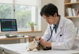 A serene veterinary clinic interior focusing on a gentle cat receiving care for kidney disease. In the foreground, a concerned yet compassionate veterinarian examines the cat, using a stethoscope, while the cat looks relaxed on a soft examination table. The middle ground displays a few medical instruments and a digital monitor showing kidney function statistics. In the background, a warm, inviting atmosphere is established with soft, diffused lighting from large windows, greenery outside, and shelves filled with pet care literature. The overall mood is one of hope and attentive care, reflecting the essential treatments available for feline kidney disease. The angle is slightly elevated, capturing both the vet’s expertise and the cat's comfort.