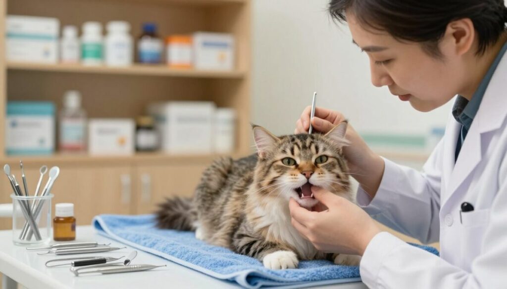 A serene veterinary clinic scene featuring a veterinarian gently examining a cat's teeth. In the foreground, the veterinarian, a middle-aged person in a white coat, is holding a dental tool, focusing intently on the cat. The cat, a fluffy tabby, lies comfortably on a soft blue towel, looking calm. In the middle ground, various dental instruments and tools are neatly arranged on a surgical table, contributing to the clinical atmosphere. The background shows shelves filled with veterinary supplies, lightly blurred to maintain focus. Warm, soft lighting creates a welcoming environment that conveys care and professionalism, while emphasizing the importance of dental health in cats, particularly for those exhibiting bad breath. A serene veterinary clinic scene featuring a veterinarian gently examining a cat's teeth. In the foreground, the veterinarian, a middle-aged person in a white coat, is holding a dental tool, focusing intently on the cat. The cat, a fluffy tabby, lies comfortably on a soft blue towel, looking calm. In the middle ground, various dental instruments and tools are neatly arranged on a surgical table, contributing to the clinical atmosphere. The background shows shelves filled with veterinary supplies, lightly blurred to maintain focus. Warm, soft lighting creates a welcoming environment that conveys care and professionalism, while emphasizing the importance of dental health in cats, particularly for those exhibiting bad breath.