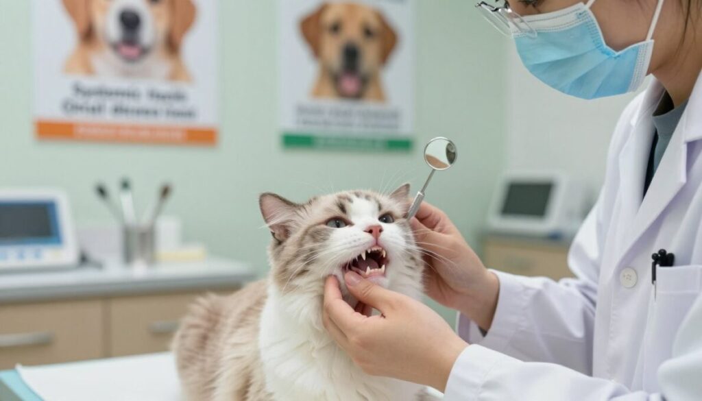 A serene veterinary office setting, showcasing a caring veterinarian examining a fluffy cat, focusing on its dental health. In the foreground, the vet gently holds the cat's head, emphasizing clean teeth and healthy gums. The middle ground features a dental examination table with tools like a scaler and mirror, reflecting the importance of oral hygiene in pets. The background displays posters about systemic health impacts related to oral diseases in pets, subtly hinting at the connection to overall wellbeing. The lighting is soft and warm, creating a comforting atmosphere, with a slightly blurred depth of field to draw attention to the cat and veterinarian. The scene conveys a mood of professionalism and care, highlighting the significance of dental health in pets' lives. A serene veterinary office setting, showcasing a caring veterinarian examining a fluffy cat, focusing on its dental health. In the foreground, the vet gently holds the cat's head, emphasizing clean teeth and healthy gums. The middle ground features a dental examination table with tools like a scaler and mirror, reflecting the importance of oral hygiene in pets. The background displays posters about systemic health impacts related to oral diseases in pets, subtly hinting at the connection to overall wellbeing. The lighting is soft and warm, creating a comforting atmosphere, with a slightly blurred depth of field to draw attention to the cat and veterinarian. The scene conveys a mood of professionalism and care, highlighting the significance of dental health in pets' lives.