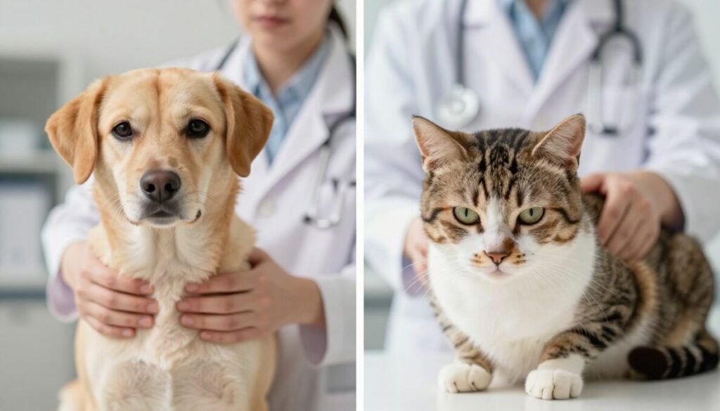A split image comparing pancreatitis in dogs and cats, showcasing a healthy dog on the left side and a dog with pancreatitis, exhibiting lethargy and mild discomfort. The right side features a healthy cat and a cat suffering from pancreatitis, also appearing lethargic. The background includes a veterinarian's clinic with soft, natural lighting to create a calm atmosphere, emphasizing care and attention. The dogs and cats are positioned in a way that highlights their differences in physical response to the condition. Use a shallow depth of field to focus on the animals, with a gentle, warm color palette to convey empathy and concern for their health. The overall mood should be informative yet compassionate, perfect for a veterinary health article. A split image comparing pancreatitis in dogs and cats, showcasing a healthy dog on the left side and a dog with pancreatitis, exhibiting lethargy and mild discomfort. The right side features a healthy cat and a cat suffering from pancreatitis, also appearing lethargic. The background includes a veterinarian's clinic with soft, natural lighting to create a calm atmosphere, emphasizing care and attention. The dogs and cats are positioned in a way that highlights their differences in physical response to the condition. Use a shallow depth of field to focus on the animals, with a gentle, warm color palette to convey empathy and concern for their health. The overall mood should be informative yet compassionate, perfect for a veterinary health article.
