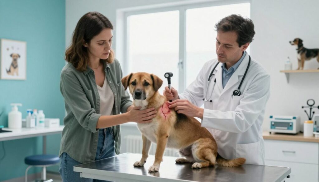 A veterinary clinic examination room showcasing a treatment scenario for mastocytoma in dogs. In the foreground, a concerned dog owner in casual attire is gently holding an anxious, medium-sized dog on the examination table. The veterinarian, dressed in a white lab coat, is examining the dog's skin lesions with a thoughtful expression. The middle ground features medical equipment, such as an otoscope and treatment supplies, neatly arranged. In the background, a large window allows soft, natural light to illuminate the room, creating a calm atmosphere. The walls are painted in soothing colors, with a few dog-related decorations. The overall mood is professional yet empathetic, embodying care and concern for the canine patient. A veterinary clinic examination room showcasing a treatment scenario for mastocytoma in dogs. In the foreground, a concerned dog owner in casual attire is gently holding an anxious, medium-sized dog on the examination table. The veterinarian, dressed in a white lab coat, is examining the dog's skin lesions with a thoughtful expression. The middle ground features medical equipment, such as an otoscope and treatment supplies, neatly arranged. In the background, a large window allows soft, natural light to illuminate the room, creating a calm atmosphere. The walls are painted in soothing colors, with a few dog-related decorations. The overall mood is professional yet empathetic, embodying care and concern for the canine patient.