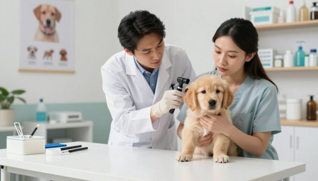 A veterinary examination room with a concerned dog owner holding a golden retriever puppy, looking at a veterinarian who is examining the puppy's ears. The foreground features a bright, well-lit exam table with medical tools scattered around. In the middle, the veterinarian, wearing a white coat and gloves, uses an otoscope to inspect the puppy's ear, highlighting the focus on ear health. The background shows a calming environment with posters of dog health tips on the walls and shelves filled with veterinary supplies. Soft, natural lighting creates a warm atmosphere, emphasizing the caring nature of pet healthcare. The overall mood is professional yet empathetic, illustrating the causes and risk factors of ear infections in dogs.