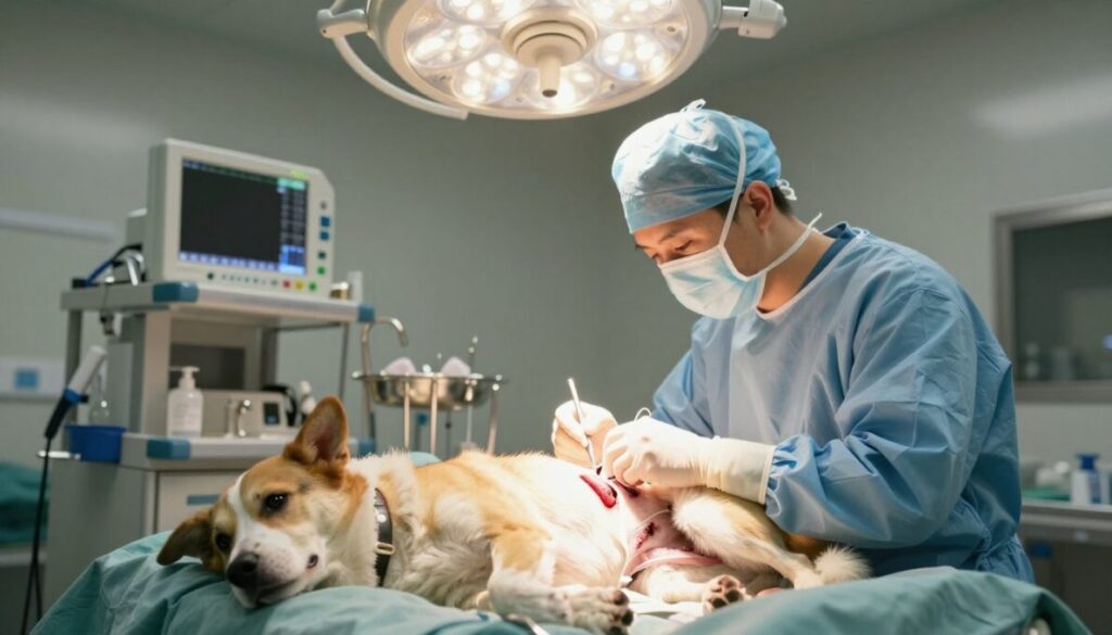 A veterinary surgeon in a sterile, well-lit operating room performing surgery on a female dog with a breast tumor. In the foreground, the dog lies on the operating table, anesthetized and supported by a veterinary technician. The surgeon, wearing scrubs and a surgical mask, focuses intently on the delicate procedure, using precision instruments. Bright overhead lights illuminate the scene, casting a clinical yet hopeful atmosphere. The background features medical equipment such as monitors and surgical tools, emphasizing the seriousness of the operation. Soft shadows add depth to the composition, while the warm colors convey a sense of care and professionalism. The overall mood is one of compassion and professionalism, reflecting the importance of pre- and post-operative care.