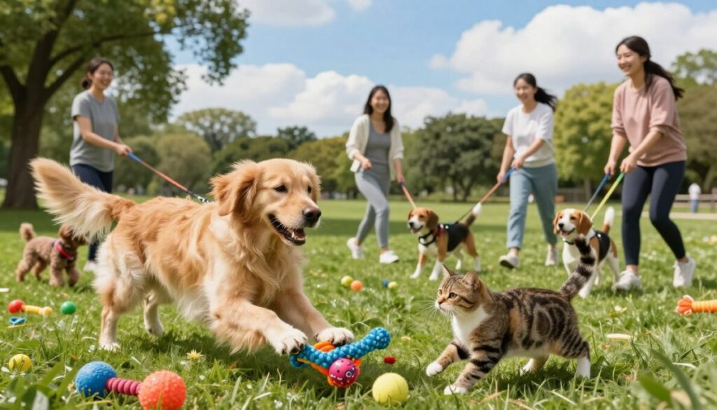 A vibrant and engaging scene showcasing physical activity and well-being in pets. In the foreground, an enthusiastic golden retriever and a playful tabby cat are energetically playing together, surrounded by colorful toys. The middle ground features a lush green park where various pets, including a small poodle and a beagle, are being exercised by their owners, who are wearing casual athletic clothing. In the background, a sunny blue sky with fluffy white clouds sets a cheerful atmosphere, and trees provide shade. Soft, natural lighting enhances the joyful expressions of the pets and their owners. This scene captures the essence of activity and health, emphasizing the importance of exercise and well-being in pets. A vibrant and engaging scene showcasing physical activity and well-being in pets. In the foreground, an enthusiastic golden retriever and a playful tabby cat are energetically playing together, surrounded by colorful toys. The middle ground features a lush green park where various pets, including a small poodle and a beagle, are being exercised by their owners, who are wearing casual athletic clothing. In the background, a sunny blue sky with fluffy white clouds sets a cheerful atmosphere, and trees provide shade. Soft, natural lighting enhances the joyful expressions of the pets and their owners. This scene captures the essence of activity and health, emphasizing the importance of exercise and well-being in pets.