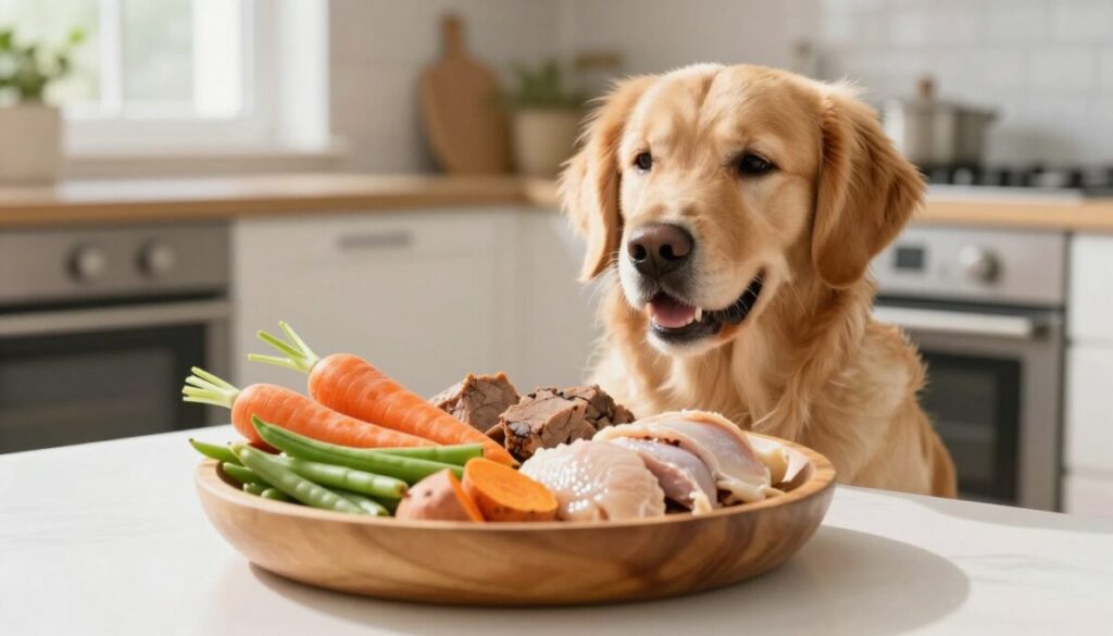 A vibrant kitchen scene featuring a wholesome, low-fat dog diet for canines. In the foreground, a neatly arranged wooden bowl filled with fresh vegetables like carrots, green beans, and sweet potatoes, alongside lean protein sources such as chicken or fish. In the middle, a friendly golden retriever eagerly looking at the bowl, embodying healthy enthusiasm. The background showcases a clean kitchen environment with natural light streaming in through a window, casting soft shadows. The mood is warm and inviting, highlighting the importance of nutritional care for dogs. Include bright colors to emphasize freshness and health, using a soft focus on the background to keep the attention on the dog and food bowl. A vibrant kitchen scene featuring a wholesome, low-fat dog diet for canines. In the foreground, a neatly arranged wooden bowl filled with fresh vegetables like carrots, green beans, and sweet potatoes, alongside lean protein sources such as chicken or fish. In the middle, a friendly golden retriever eagerly looking at the bowl, embodying healthy enthusiasm. The background showcases a clean kitchen environment with natural light streaming in through a window, casting soft shadows. The mood is warm and inviting, highlighting the importance of nutritional care for dogs. Include bright colors to emphasize freshness and health, using a soft focus on the background to keep the attention on the dog and food bowl.
