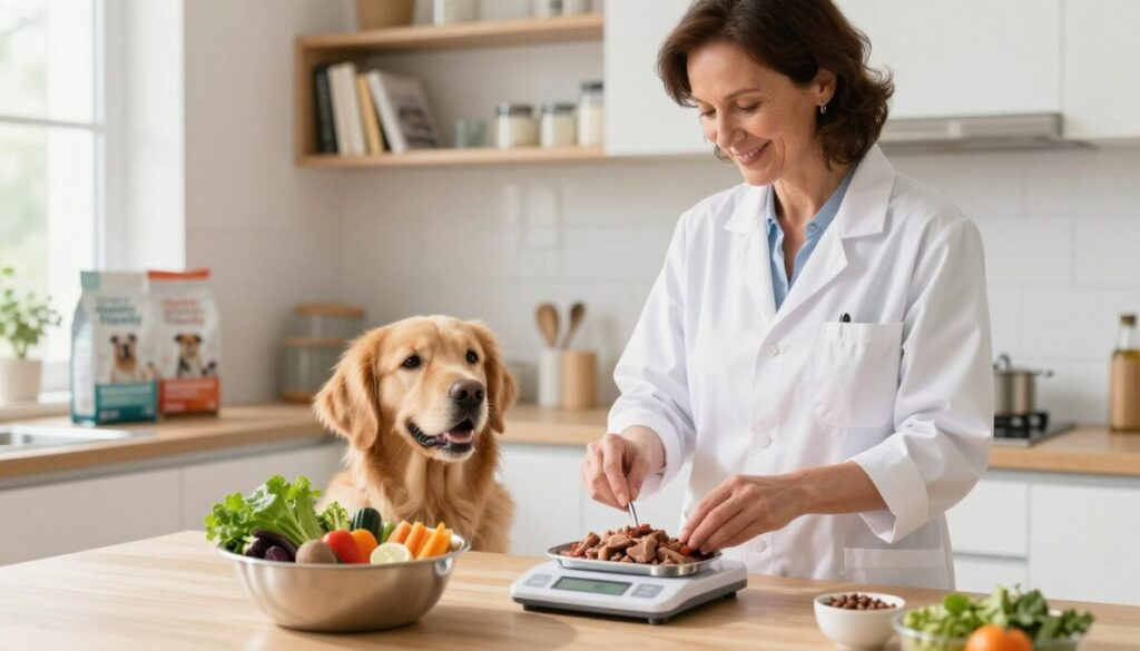 A visually engaging scene featuring a veterinary nutritionist in a lab coat, standing in a bright, modern kitchen preparing balanced meals for diabetic dogs. In the foreground, a stainless steel bowl filled with fresh vegetables, lean proteins, and dog-safe ingredients. The nutritionist, a middle-aged woman with a friendly demeanor, carefully weighs ingredients using a digital scale, showcasing her expertise and care. In the middle, a playful golden retriever watches eagerly, its eyes gleaming with anticipation. The background consists of shelves with nutritional reference books and dog food packages labeled “diabetic-friendly.” Soft, natural light streams through a window, creating a warm and inviting atmosphere, highlighting the importance of proper nutrition in managing diabetes in dogs. A visually engaging scene featuring a veterinary nutritionist in a lab coat, standing in a bright, modern kitchen preparing balanced meals for diabetic dogs. In the foreground, a stainless steel bowl filled with fresh vegetables, lean proteins, and dog-safe ingredients. The nutritionist, a middle-aged woman with a friendly demeanor, carefully weighs ingredients using a digital scale, showcasing her expertise and care. In the middle, a playful golden retriever watches eagerly, its eyes gleaming with anticipation. The background consists of shelves with nutritional reference books and dog food packages labeled “diabetic-friendly.” Soft, natural light streams through a window, creating a warm and inviting atmosphere, highlighting the importance of proper nutrition in managing diabetes in dogs.