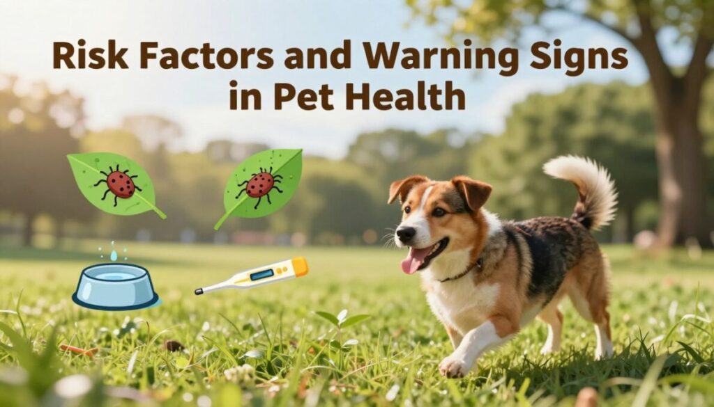 A visually striking and informative illustration depicting "Risk Factors and Warning Signs in Pet Health" focused on tick disease. In the foreground, show a healthy, playful dog with a vibrant coat, playing in a lush green park, emphasizing its vitality. In the middle ground, place subtle illustrations of potential risk factors, like ticks on a leaf and signs of illness such as a water bowl and a thermometer. The background features soft, blurred trees and a sunny sky, creating a warm, inviting atmosphere. Use soft natural lighting to enhance the scene, with a slightly high-angle perspective to provide a clear view of the pet and surrounding elements. Aim for a calm yet alert mood, capturing the essence of vigilance in pet care without any text or distractions. A visually striking and informative illustration depicting "Risk Factors and Warning Signs in Pet Health" focused on tick disease. In the foreground, show a healthy, playful dog with a vibrant coat, playing in a lush green park, emphasizing its vitality. In the middle ground, place subtle illustrations of potential risk factors, like ticks on a leaf and signs of illness such as a water bowl and a thermometer. The background features soft, blurred trees and a sunny sky, creating a warm, inviting atmosphere. Use soft natural lighting to enhance the scene, with a slightly high-angle perspective to provide a clear view of the pet and surrounding elements. Aim for a calm yet alert mood, capturing the essence of vigilance in pet care without any text or distractions.