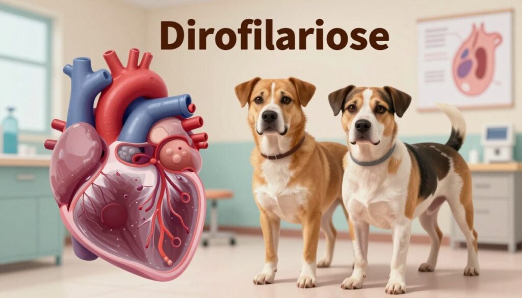 A vivid and educational illustration depicting Dirofilariose in dogs, focusing on heartworms within the circulatory system. In the foreground, an animated, magnified view of a dog's heart, showcasing heartworms swimming in the bloodstream to highlight the infection's impact. In the middle ground, a healthy dog juxtaposed with a dog suffering from Dirofilariose, contrasting their physical conditions, displaying visible symptoms like fatigue and swelling. The background features a soft, blurred veterinary clinic setting with medical diagrams on the walls related to parasitic diseases, creating a clinical atmosphere. The lighting is warm and inviting, with a focus on the dogs' expressions, aiming to evoke empathy and awareness. A depth of field emphasizes the foreground details while keeping the background softly out of focus.