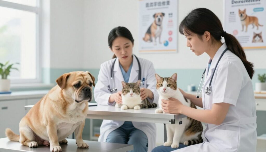 A vivid illustration depicting the health impacts of comorbidities in dogs and cats, set in a veterinary clinic. In the foreground, a concerned pet owner, dressed in professional attire, gently holds an overweight dog, showcasing its visible health issues. In the middle, a veterinarian examines an overweight cat on an examination table, surrounded by charts of common comorbidities such as diabetes and arthritis. The background features a bright, clean clinic environment with medical posters emphasizing pet health. Soft, natural lighting cascades through the windows, creating a calm and informative atmosphere. The mood is serious yet hopeful, aiming to educate pet owners about the importance of managing their pets' weight and health. A vivid illustration depicting the health impacts of comorbidities in dogs and cats, set in a veterinary clinic. In the foreground, a concerned pet owner, dressed in professional attire, gently holds an overweight dog, showcasing its visible health issues. In the middle, a veterinarian examines an overweight cat on an examination table, surrounded by charts of common comorbidities such as diabetes and arthritis. The background features a bright, clean clinic environment with medical posters emphasizing pet health. Soft, natural lighting cascades through the windows, creating a calm and informative atmosphere. The mood is serious yet hopeful, aiming to educate pet owners about the importance of managing their pets' weight and health.