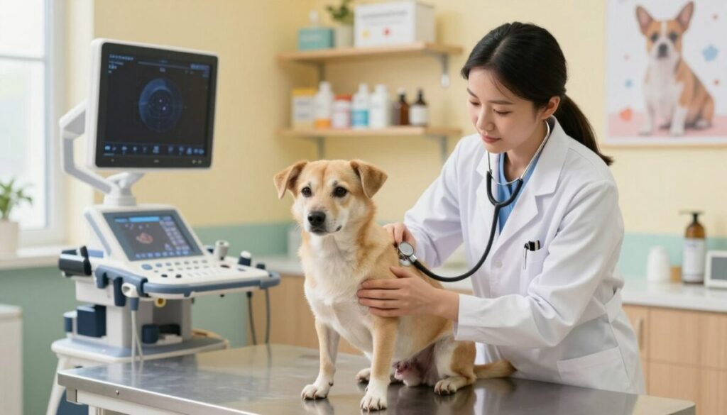 A well-lit veterinary examination room focused on a female dog undergoing a mammary tumor diagnosis. In the foreground, a compassionate veterinarian, dressed in a professional lab coat, gently examines the dog's abdomen, showcasing a sensitive and caring approach. The dog appears calm, with a focused expression that conveys trust. In the middle ground, diagnostic equipment like a stethoscope and ultrasound machine is visible, demonstrating the technology used in the diagnosis. The background features calming colors, with shelves of veterinary supplies and pet care posters, creating a warm and informative atmosphere. Soft, natural lighting highlights the scene, adding a sense of hope and professionalism to the environment, while maintaining a clean and organized appearance.