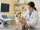 A well-lit veterinary examination room focused on a female dog undergoing a mammary tumor diagnosis. In the foreground, a compassionate veterinarian, dressed in a professional lab coat, gently examines the dog's abdomen, showcasing a sensitive and caring approach. The dog appears calm, with a focused expression that conveys trust. In the middle ground, diagnostic equipment like a stethoscope and ultrasound machine is visible, demonstrating the technology used in the diagnosis. The background features calming colors, with shelves of veterinary supplies and pet care posters, creating a warm and informative atmosphere. Soft, natural lighting highlights the scene, adding a sense of hope and professionalism to the environment, while maintaining a clean and organized appearance.