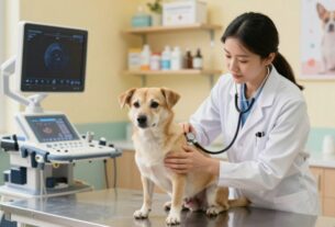 A well-lit veterinary examination room focused on a female dog undergoing a mammary tumor diagnosis. In the foreground, a compassionate veterinarian, dressed in a professional lab coat, gently examines the dog's abdomen, showcasing a sensitive and caring approach. The dog appears calm, with a focused expression that conveys trust. In the middle ground, diagnostic equipment like a stethoscope and ultrasound machine is visible, demonstrating the technology used in the diagnosis. The background features calming colors, with shelves of veterinary supplies and pet care posters, creating a warm and informative atmosphere. Soft, natural lighting highlights the scene, adding a sense of hope and professionalism to the environment, while maintaining a clean and organized appearance.