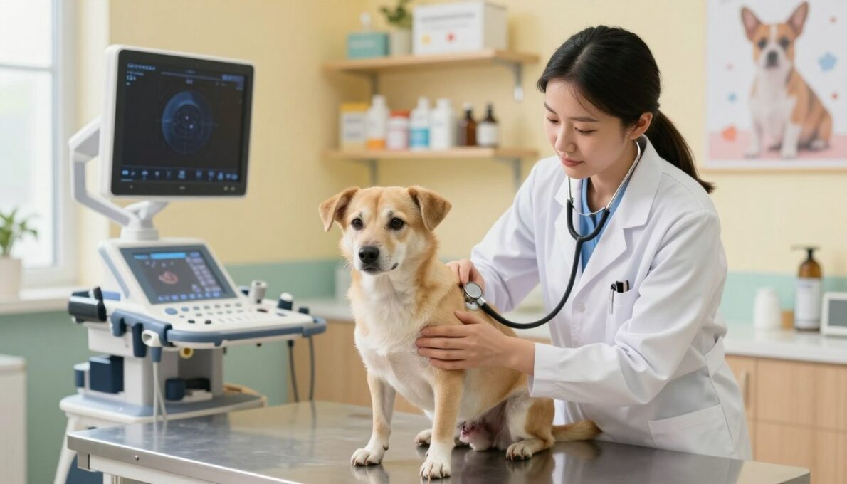 A well-lit veterinary examination room focused on a female dog undergoing a mammary tumor diagnosis. In the foreground, a compassionate veterinarian, dressed in a professional lab coat, gently examines the dog's abdomen, showcasing a sensitive and caring approach. The dog appears calm, with a focused expression that conveys trust. In the middle ground, diagnostic equipment like a stethoscope and ultrasound machine is visible, demonstrating the technology used in the diagnosis. The background features calming colors, with shelves of veterinary supplies and pet care posters, creating a warm and informative atmosphere. Soft, natural lighting highlights the scene, adding a sense of hope and professionalism to the environment, while maintaining a clean and organized appearance.